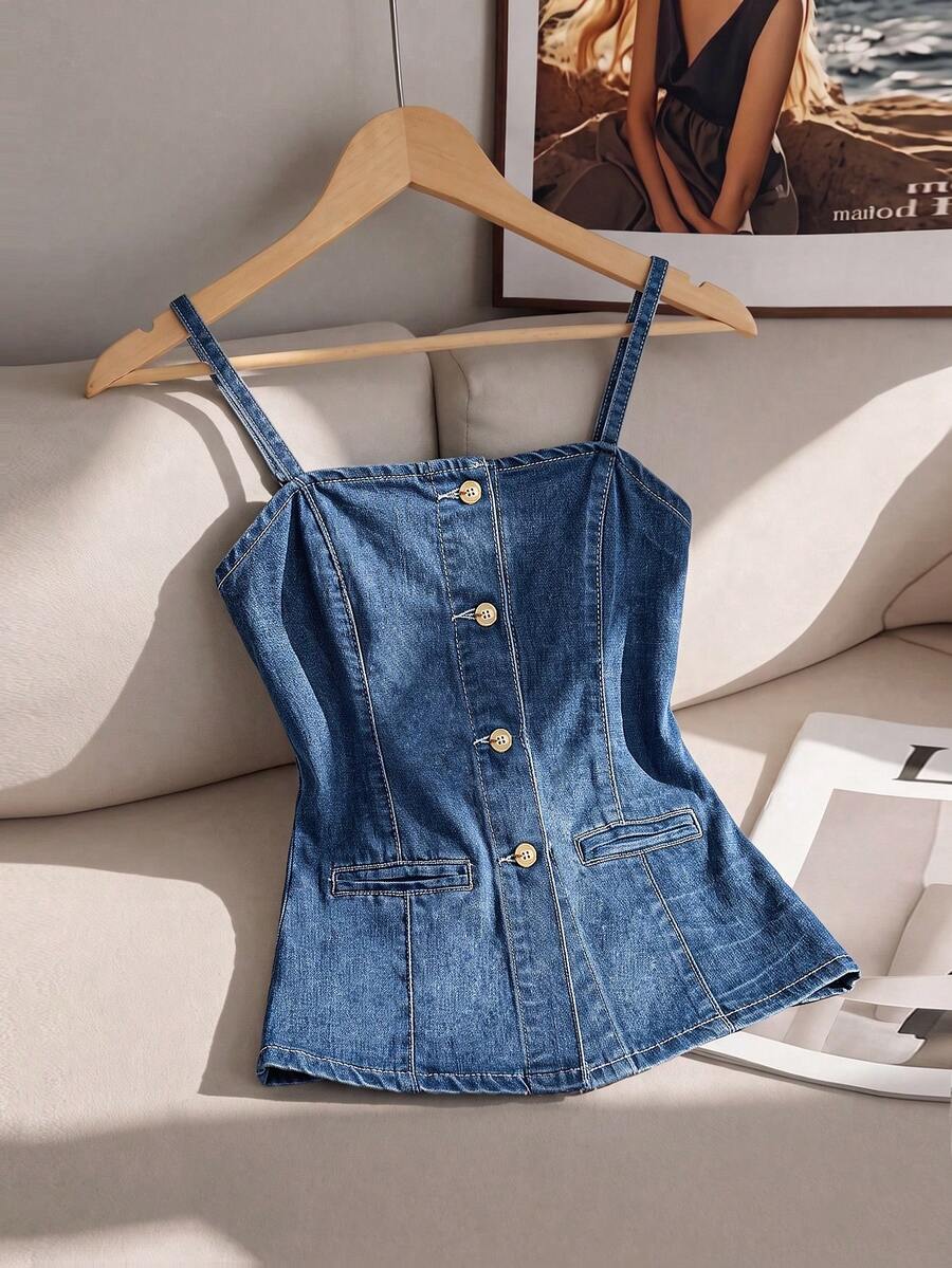 Qadelle Women's Single-Breasted Casual Denim Camisole Top