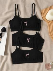 SHEIN 青少年女孩簡約休閒方領背心上衣，附胸墊，親膚舒適蝴蝶結圖案刺繡內衣，學生內衣3件組，白色 - 黑色 - 查看 7