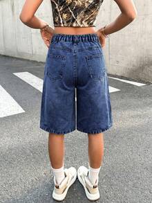 SHEIN 青少年女孩夏季休閒百慕達牛仔短褲 - 深色水洗藍 - 查看 2