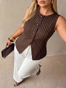 Auralis Plus Size Women Metal Starfish Decor Round Neck Sleeveless Jacket In Fall/Winter - Brown - View 3