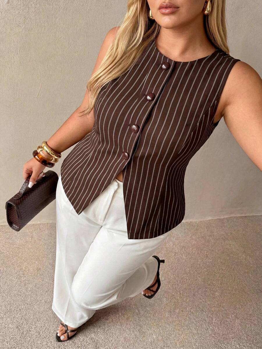 Auralis Plus Size Women Metal Starfish Decor Round Neck Sleeveless Jacket In Fall/Winter - Brown - View 1