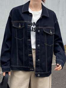FRIFUL Jaket Denim Lengan Panjang Kancing Tunggal dengan Dua Saku, Serbaguna, untuk Wanita, Cocok untuk Musim Gugur. - Biru - View 5