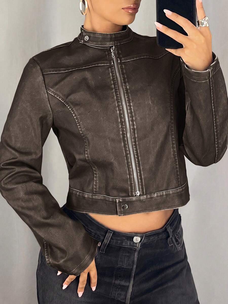 SHEIN ICON Women's Zip Front Stand Collar Fashion PU Leather Long Sleeve Jacket Fall Women Clothes - Black - View 1