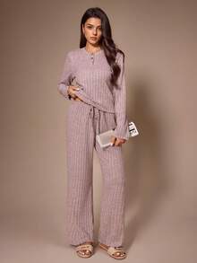 Lazeform Soft Ribbed Knit Long Sleeve Pajama Set, Slouchy Home Casual 2 Pieces Set - Pink - View 4