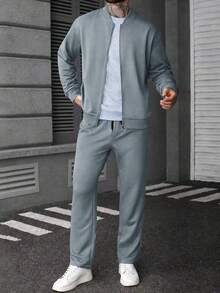 Manfinity CasualCool Men's Versatile Long Sleeve Zip-Up Jacket And Drawstring Waist Cargo Pants Set - Dusty Blue - View 5