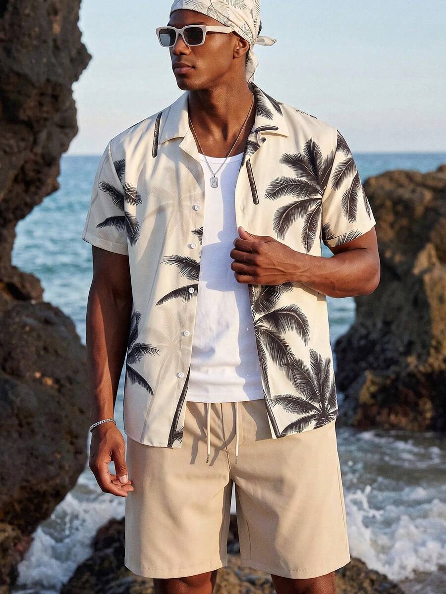 Manfinity EZcore Plus Size Men's Coconut Tree Print Single-Breasted Short Sleeve Top And Pocket Shorts Casual Holiday Beach Set - Multicolor - View 1