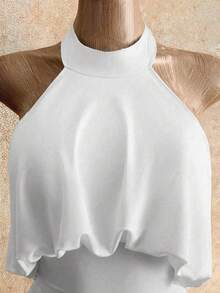 Mistrie Y2K Halter Neck Ruched Bodycon Mini Dress - Draped Backless Form Fitting Party DressBaddie Vibe Draped Halter Neck Ruched Mini Dress - Backless Bodyc - White - View 7