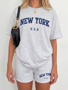 Sundraya 2pcs Plus Size Women Summer Letter Print Crew Neck T-Shirt And Shorts Casual Set - Light Grey - View 1