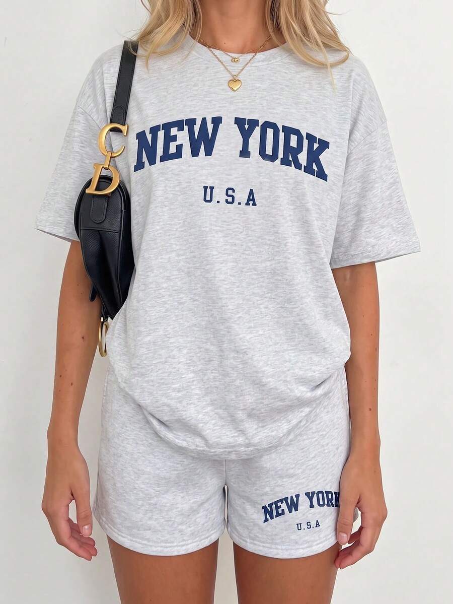 Sundraya 2pcs Plus Size Women Summer Letter Print Crew Neck T-Shirt And Shorts Casual Set - Light Grey - View 1