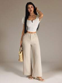 SHEIN PETITE 100% Washed Cotton Low Waist Straight Pants - Apricot - View 7