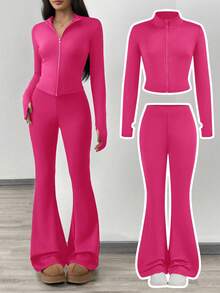 SHEIN Girlism NovaGlow 青少年女孩運動休閒日常針織素色開襟外套與喇叭褲套裝 - 玫紅色 - 查看 1