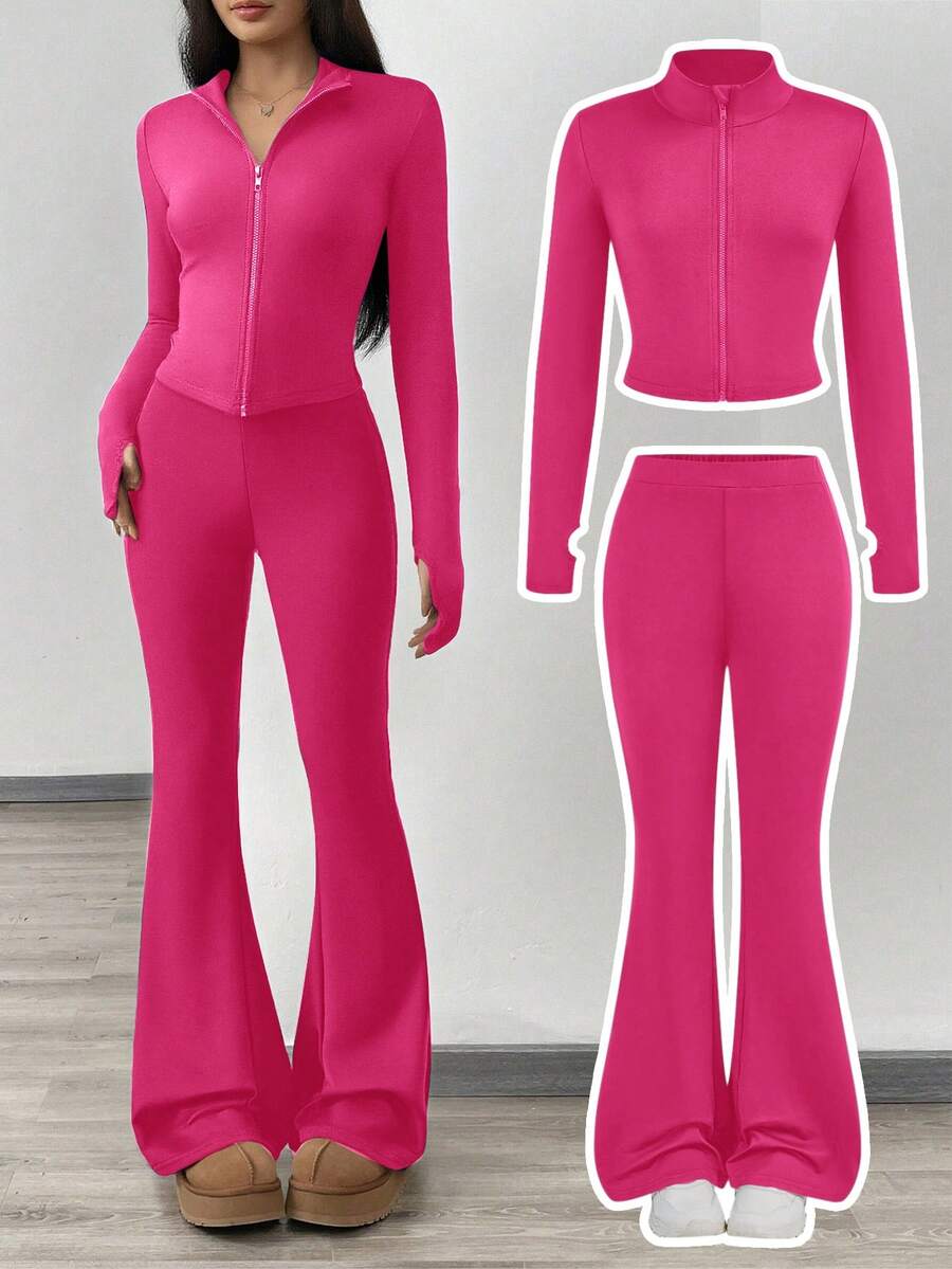 SHEIN Girlism NovaGlow 青少年女孩運動休閒日常針織素色開襟外套與喇叭褲套裝 - 玫紅色 - 查看 1
