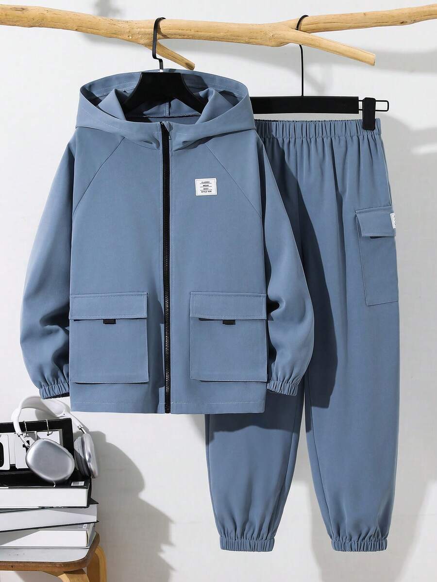 SHEIN 2件組兒童青少年男孩休閒連帽外套與工裝長褲套裝，適合秋冬、學校、家庭聚會、開學季、運動、生日派對，秋季穿搭，冬季穿搭
