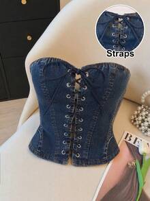 SHEIN MOD 女款時尚百搭繫帶牛仔抹胸上衣 - 深色水洗藍 - 查看 2