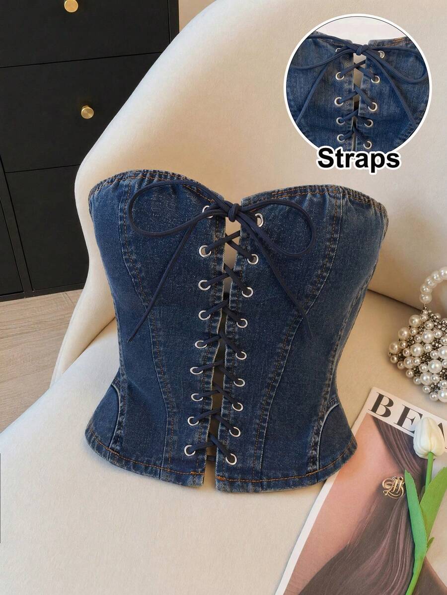 SHEIN MOD 女款時尚百搭繫帶牛仔抹胸上衣
