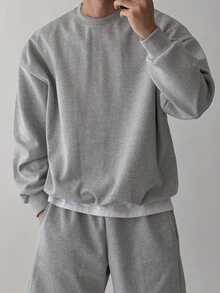 DAZY Sweatshirt Rajut Musim Semi/Gugur Lengan Panjang Kerah Bulat dengan Celana Pendek Pinggang Elastis, Set Sweatshirt Pullover Pria - Grey - View 5