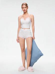 Bonmuse Ditsy Floral Print Bow Front Cami Top & Shorts PJ Set / Pajama Set White Setfor Summer - White - View 6