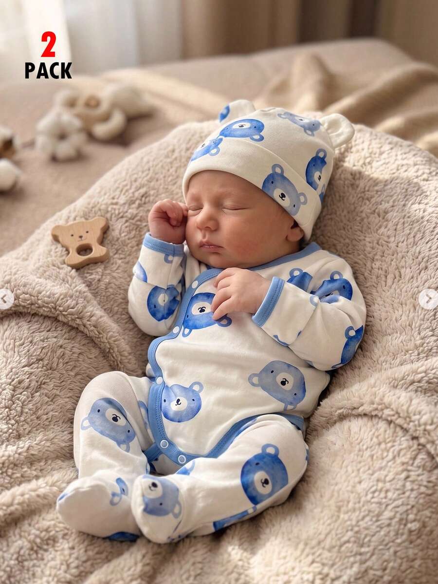 Newborn Baby Spring/Summer 2pcs Jumpsuit And Long Pants Set, Cute Bear Cartoon Pattern Design, Soft Skin-Friendly Fabric, Comfortable Home Wear For Kids' Sleep And Healthy Growth - Blue - View 1