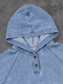 SHEIN Tween Boy Denim Set, Summer, Soft, Cotton, Casual, Fashion, Versatile, Comfortable, Minimalist, Top With Half-Open Front Design, Large Cargo Pockets, Elastic Hem, Dropped Shoulder Long Sleeve Hooded Style + Classic Five-Pocket Pants With Elastic Waist, Loose Fit, Light Blue Washed Denim Set - Medium Wash - View 8