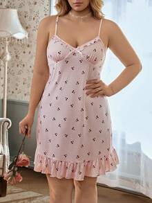 CottageSlumber Plus Size Women's Knit Cherry Plaid Print Bow Strap Dress And Robe Set - Pink - View 5