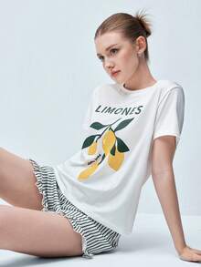 Softvol 2pcs Women Printed Short Sleeve Top + Elastic Waist Shorts Pajama Set - White - View 8
