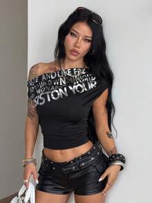 Coolane Women Summer Y2K 90s Active Punk Cold Shoulder Metallic Letter Print Slim Fit Ruched Streetwear Short Sleeve T-Shirt Going Out Club Black And Silver - Black - View 2