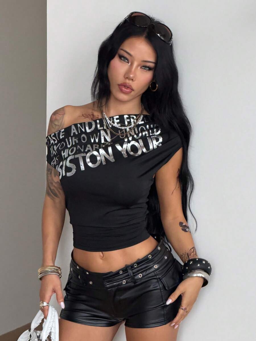 Coolane Women Summer Y2K 90s Active Punk Cold Shoulder Metallic Letter Print Slim Fit Ruched Streetwear Short Sleeve T-Shirt Going Out Club Black And Silver