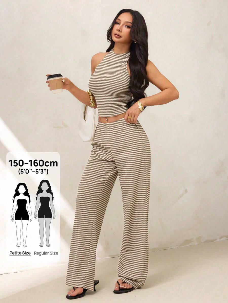 SHEIN PETITE 女款針織條紋短版掛脖上衣與休閒長褲套裝 - 卡其色 - 查看 1