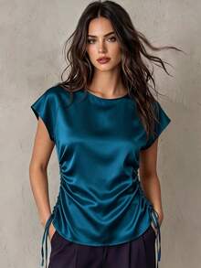 Franclia Elegant Round Neck Raglan Short Sleeve Elastic Satin Drawstring Hemline Women's Blouse, Suitable For Spring And Summer Clothes For University - Blue - View 1