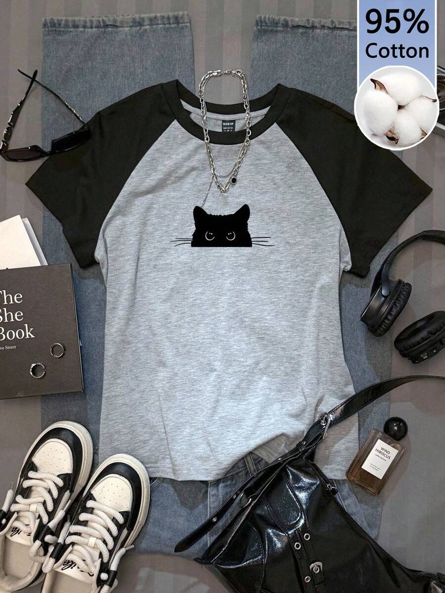 Attitoon 95% Cotton Black & Gray Contrast Raglan Sleeve Black Cat Graphic Casual Minimalist Crew Neck Short Sleeve Loose Fit Women's T-Shirt, Suitable For Summer - Multicolor - View 1