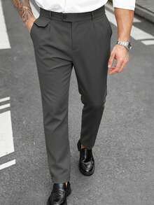 Manfinity Mode Men's Plus Size Solid Color Straight Leg Business Travel Dress Pants With Pockets - Dark Grey - View 1