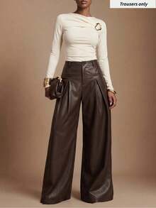Zivah Women's Fashion Hot Girl PU Material Button Pleated Long Pants - Brown - View 8