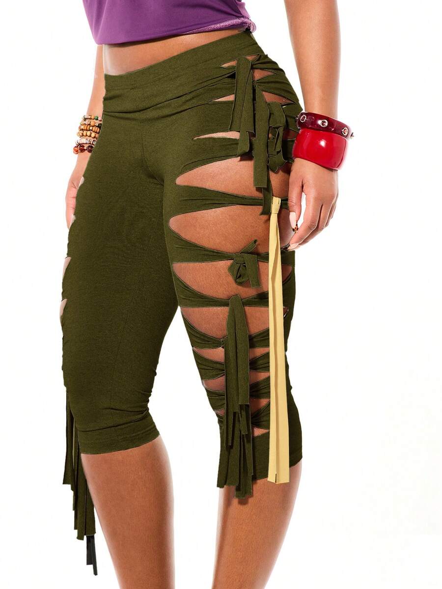 SUMWON WOMEN Jersey Macrame Cut Out Capri Leggings With Knot Detail And Colorful Side Ribbon Ties Festival Style - Army Green - View 1