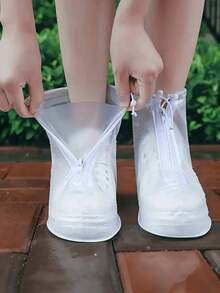 1 Pair Of White, Transparent Plastic Drawstring Waterproof Rain Boot Covers, Available In Various Sizes. Water- And Dust-Resistant, Reusable Boot Covers. Outdoor Accessories. Suitable For Use In Schools, Offices, Homes, During Travel, - White - View 1
