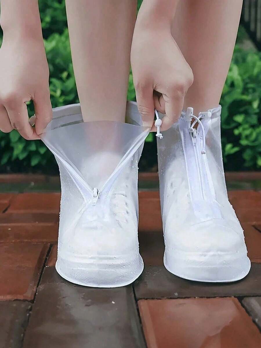 1 Pair Of White, Transparent Plastic Drawstring Waterproof Rain Boot Covers, Available In Various Sizes. Water- And Dust-Resistant, Reusable Boot Covers. Outdoor Accessories. Suitable For Use In Schools, Offices, Homes, During Travel, - White - View 1