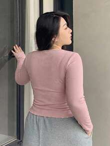 Dazy Plus Camiseta negra de manga larga con cierre parcial de cremallera, elástica y ajustada, de unicolor y versátil, para primavera/verano/otoño - Rosa - Ver 2