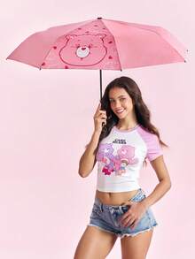 SHEIN X Care Bears 粉色 Care Bear 印花折疊傘，緊湊折疊設計，適合日常通勤、購物及戶外雨天使用 - 粉色 - 查看 2