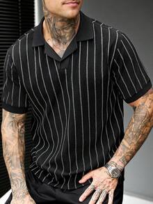 SLATEMANN Men's Summer Casual Striped Short Sleeve Polo Shirt - Black - View 6