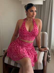 Maria Perezxox Women's Pink Leopard Print Halter V-Neck Bodysuit & Layered Ruffle Hem Mini Skirt Set,Summer Y2k Holiday Vacation Holiday Resort Style Beach Elegant - Multicolor - View 3