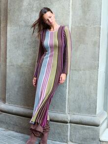Nöista Multicolor Ribbed Knit Long Dress, Crew Neck, Long Sleeves, Elegant, Casual Chic. Office, Dinner Date, Weekned,  Fall, Autumn, Winter Outfit.. - Multicolor - View 3