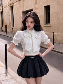 SHEIN MOD White,Summer,Elegant,Wedding Guest Women's 3D Bow Lantern Sleeve Ruffle Vintage Court Blouse,Princess Puff Sleeve Tops For Party,Prom,.Back To School. - White - View 2
