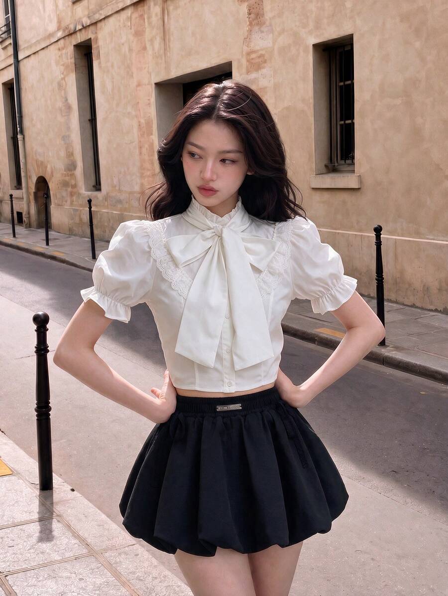 SHEIN MOD White,Summer,Elegant,Wedding Guest Women's 3D Bow Lantern Sleeve Ruffle Vintage Court Blouse,Princess Puff Sleeve Tops For Party,Prom,.Back To School.