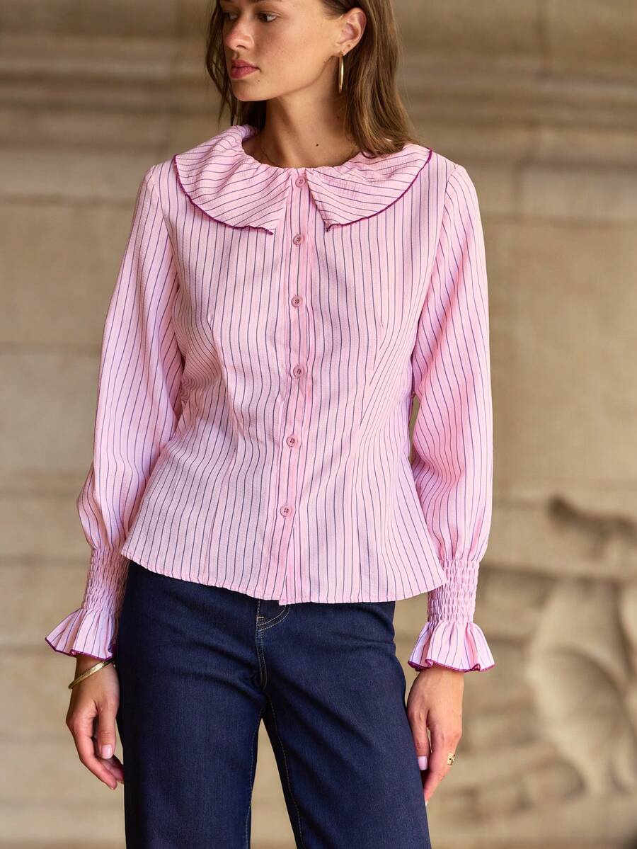 Nöista Blusa de rayas finas rosas con cuello de volantes y costuras de contraste. Estilo de otoño, vuelta al colegio y oficina. - Rosa - Ver 1
