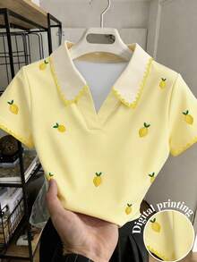 SHEIN 女款檸檬刺繡休閒日常短袖T恤 - 彩色 - 查看 1