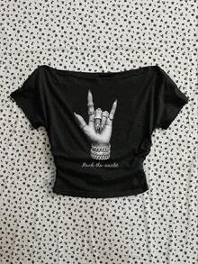 Attitoon Kaos Wanita Kasual Lengan Pendek dengan Detail Kerutan di Pinggang dan Kerah Persegi, Cocok untuk Musim Panas - Hitam - View 4