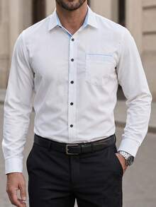 Calvornis Contrast Trim Front Button Business Casual Long Sleeve Formal Shirt Men Casual White Contrast Light Blue Dress Shirt, For Fall, Ceremony - White - View 3