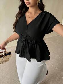 Auralis Plus Size Women Solid Color V-Neck Pleated Casual Versatile Daily Wear Blouse - Black - View 3
