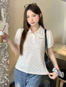 DAZY 女款清新韓風波點印花 Polo 領短袖 T 恤 - 白色 - 查看 3