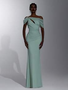 Elitara Elegant Sage Green Mesh One Shoulder Asymmetric Ruched Pleated Bodycon A Line Floor Length Bridesmaid Evening Gown Formal Wedding Guest Prom Party - Green - View 5