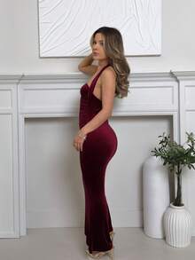 Jemour Women Summer Halter Mermaid Hem Dress,Elegant Burgundy Winter Dining Outfits,Backless Ruched Sleeveless Slim Fit Bodycon Maxi Party Nightclub Dress - Hot Pink - View 6